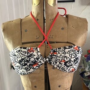 American Eagle Outfitters Black & White Floral Bandeau with Coral Halter Strap